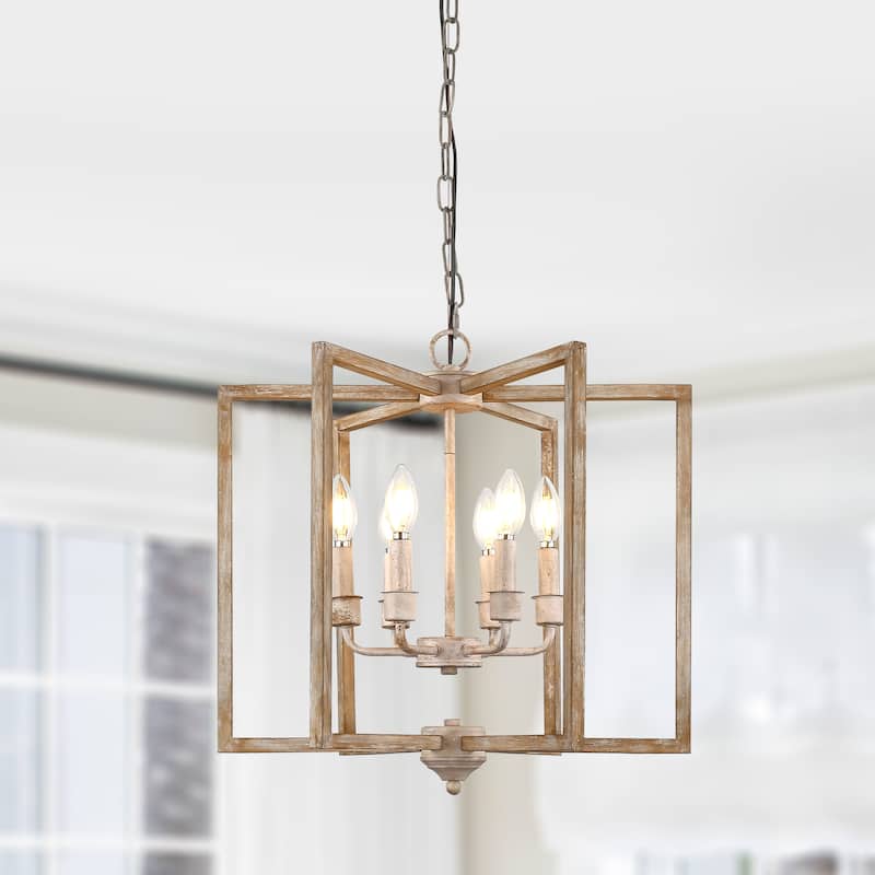 Bella Depot 15.7" 6-Light Wood Chandelier Adjustable Pendant Light for Dining Room Bedroom - Distressed Wood
