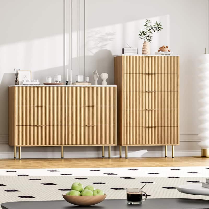6 Drawer Fluted Dresser for Bedroom, Modern Wooden Storage Chest with Gold Handles
