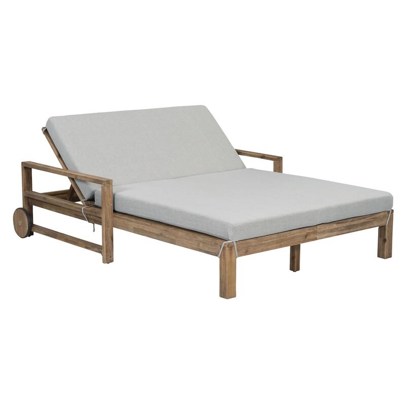 Grey Farmhouse Acacia Wood Sunbed with Adjustable Backrest - Grey