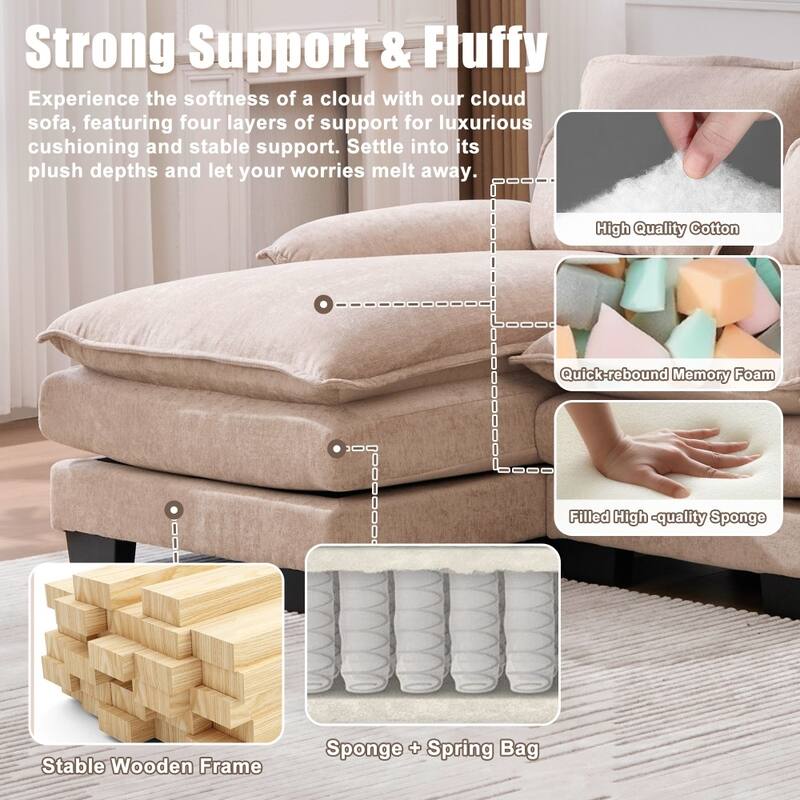 107.87" Modular Chenille Comfy Sectional Cloud Sofa with Double Chaise