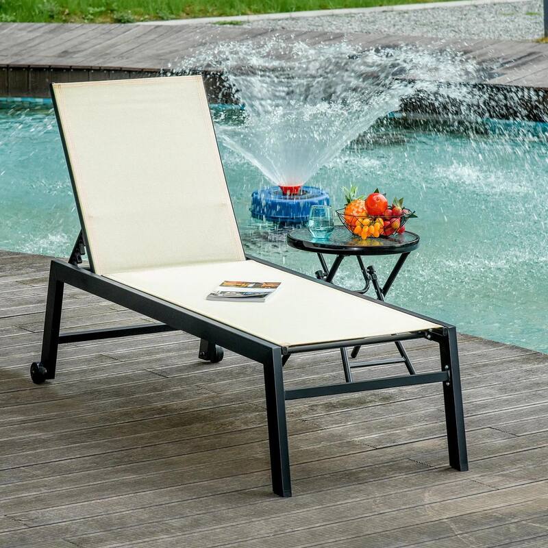 Outdoor Chaise Lounge, 5-Pos Recline, Wheels, Steel Frame, Breathable - Cream White