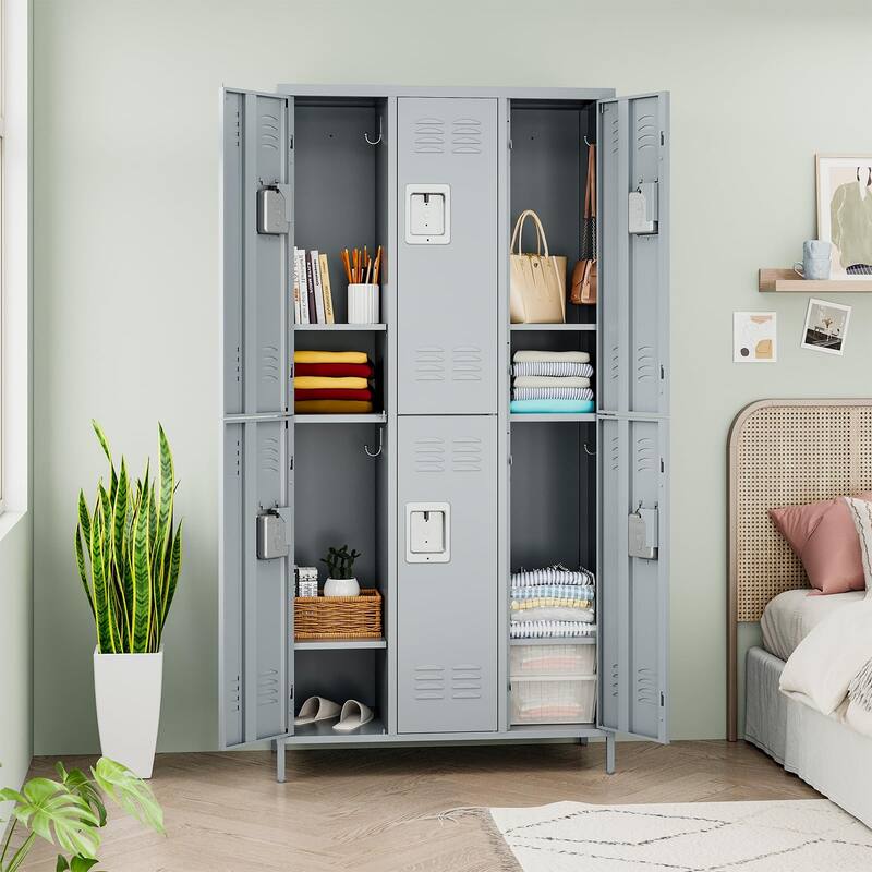 2 Tier Metal Lockers with 6 Doors for Employee School Gym - Grey