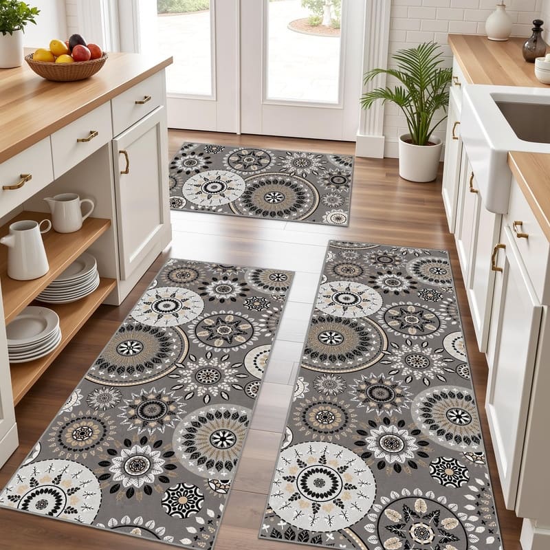 Boho Kitchen Rugs Non-Slip Washable Farmhouse Kitchen Mat 3 Piece Set - 20"x32"+20"x48"+20"x59" - Grey