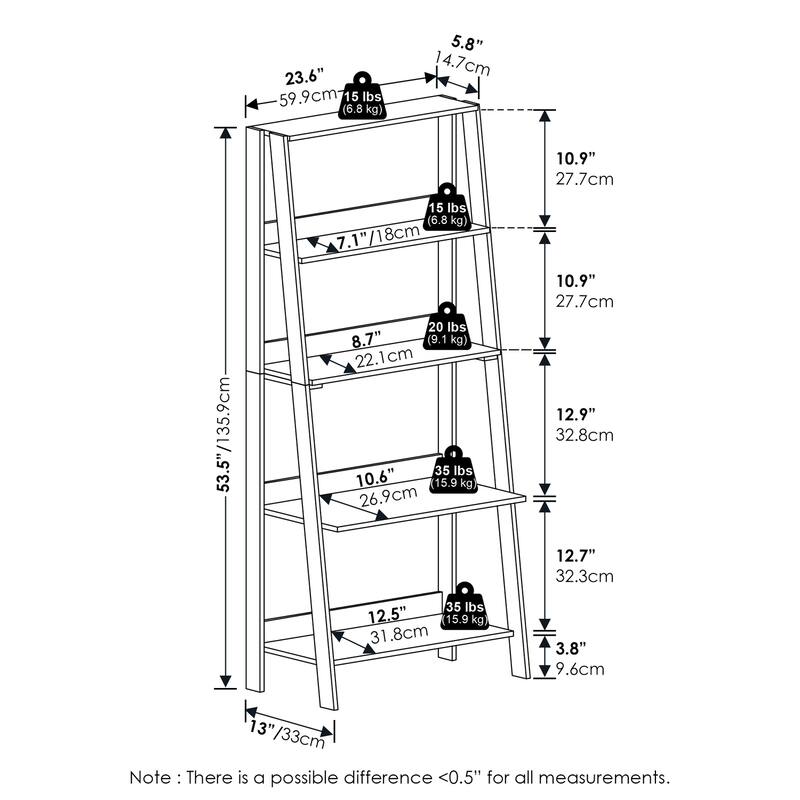 53.5 in. Tall White Wood 5-Shelf Bookcase