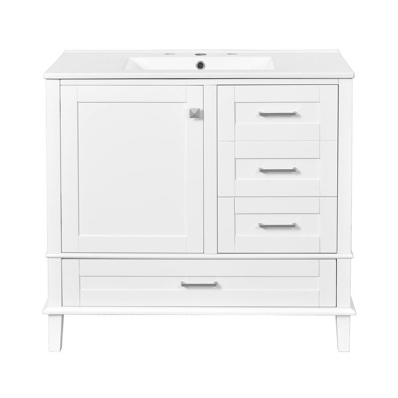 36" Bathroom Vanity with Solid Pine Frame, 1 Soft Close Door and 3 Drawers, Modern Storage Cabinet