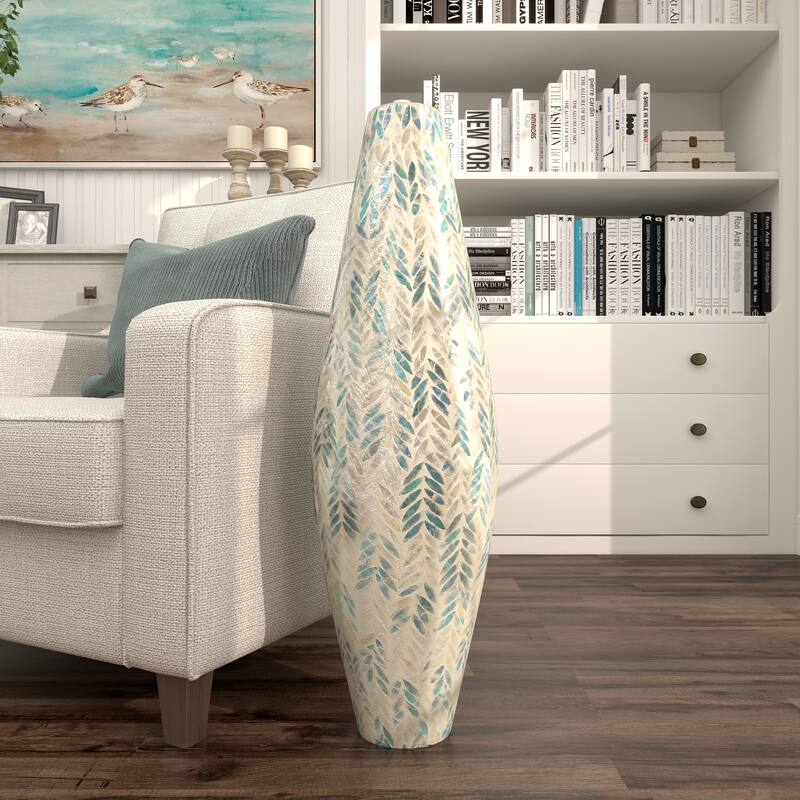 Cream Mother of Pearl Shell Handmade Tall Mosaic Decorative Vase with Blue Accents