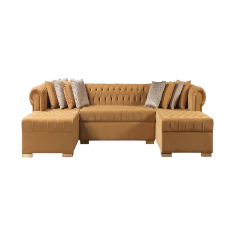HomeRoots Mustard Velvet U Shaped Three Piece Sofa and Chaise Sectional With Toss Pillows