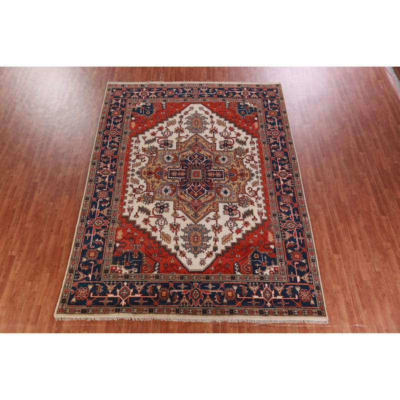Hand Knotted Oriental 100% Wool Carpet Traditional Medallion Beige & Ivories Heriz (serapi) Area Rug - 11' 10'' X 8' 10''