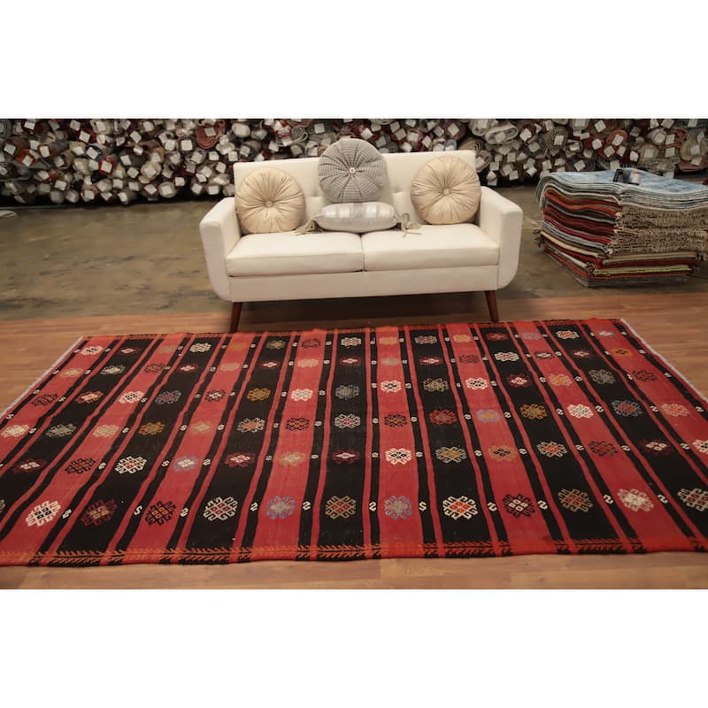Hand Woven Oriental 100% Wool Carpet Southwestern Tribal Red Kilim Area Rug - 9' 8'' X 5' 11''