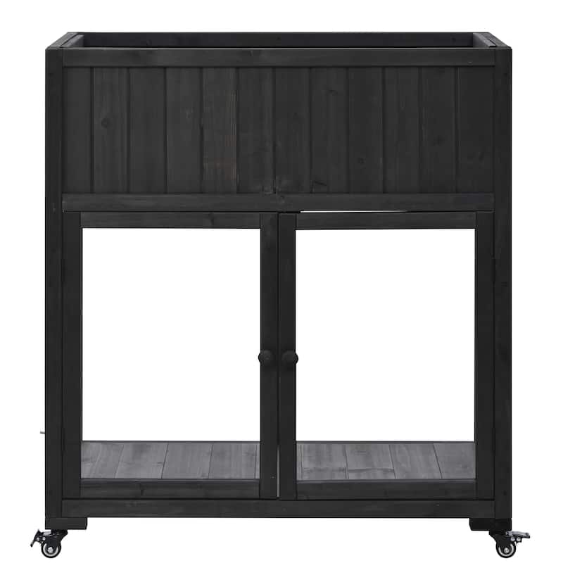 35.4" Wood Garden Greenhouse with Wheels,2 Doors and Liner