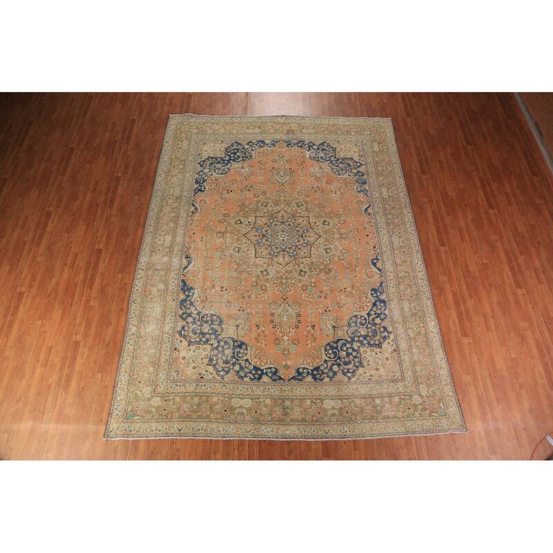 Floral Orange Mashad Persian Area Rug Hand-Knotted Wool Carpet - 9'7"x 12'7"