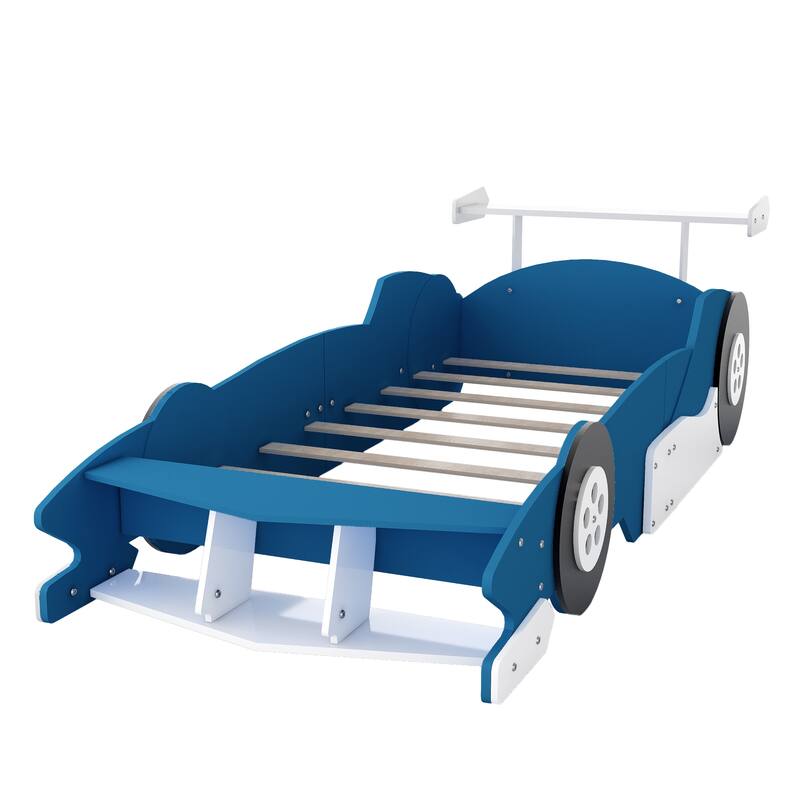 Roomfitters Twin Race Car Platform Bed with Wheels and Rails, Kids Gaming Bed