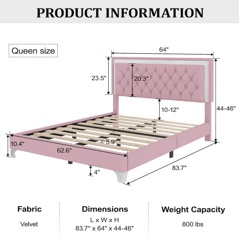 Queen Velvet Platform Bed Frame with LED Headboard - Pink