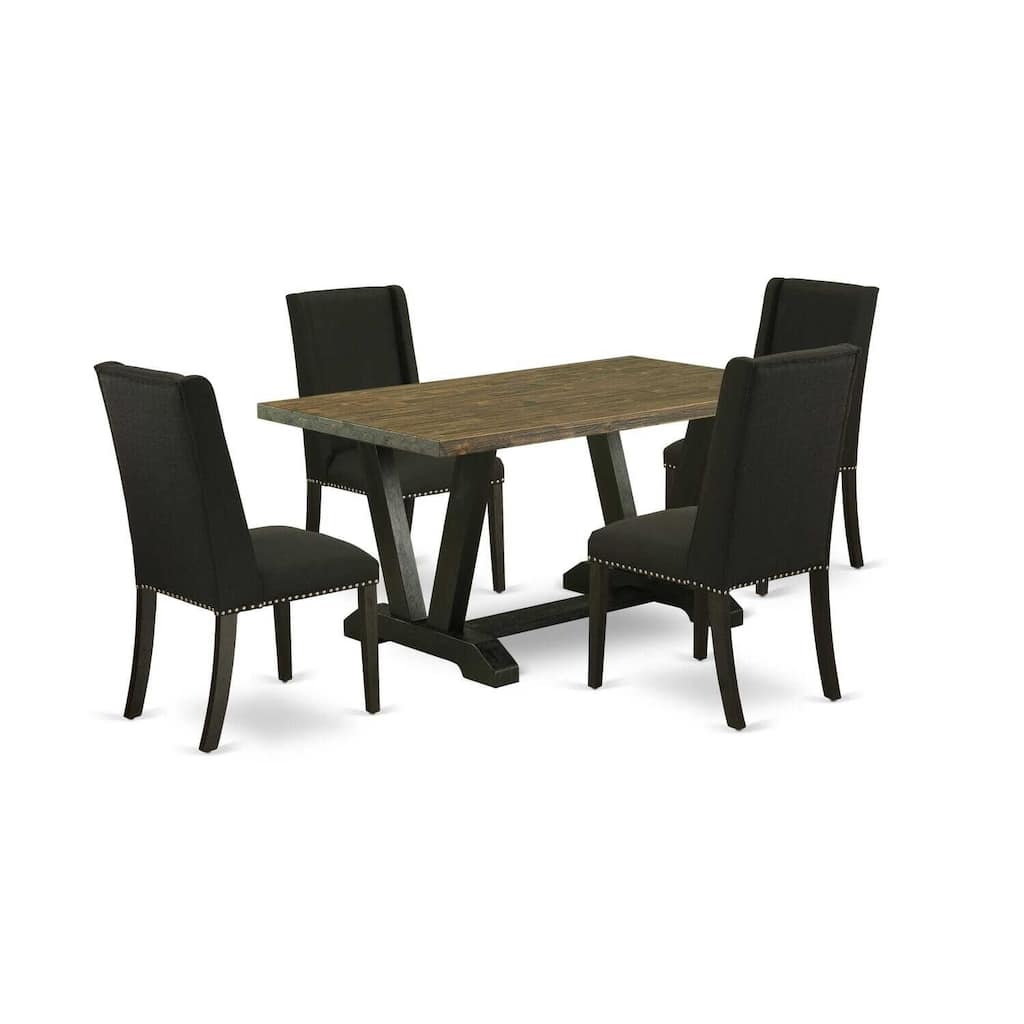 HomeStock 5-Piece Rectangle Distressed Jacobean Finish Solid Wood Top Dining Table with 4 Upholstered Chairs with Lattice Back