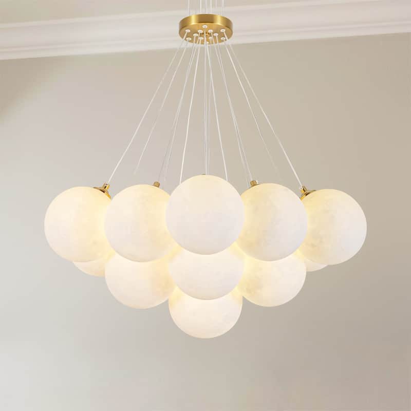 13-Light Modern Cluster Bubble Glass-Like 3D Printed Moon-Shade Gold Metal Chandelier for Living Room - 25.6 in. W x 25.6 in. D x 6.7 in. H - Glod/White