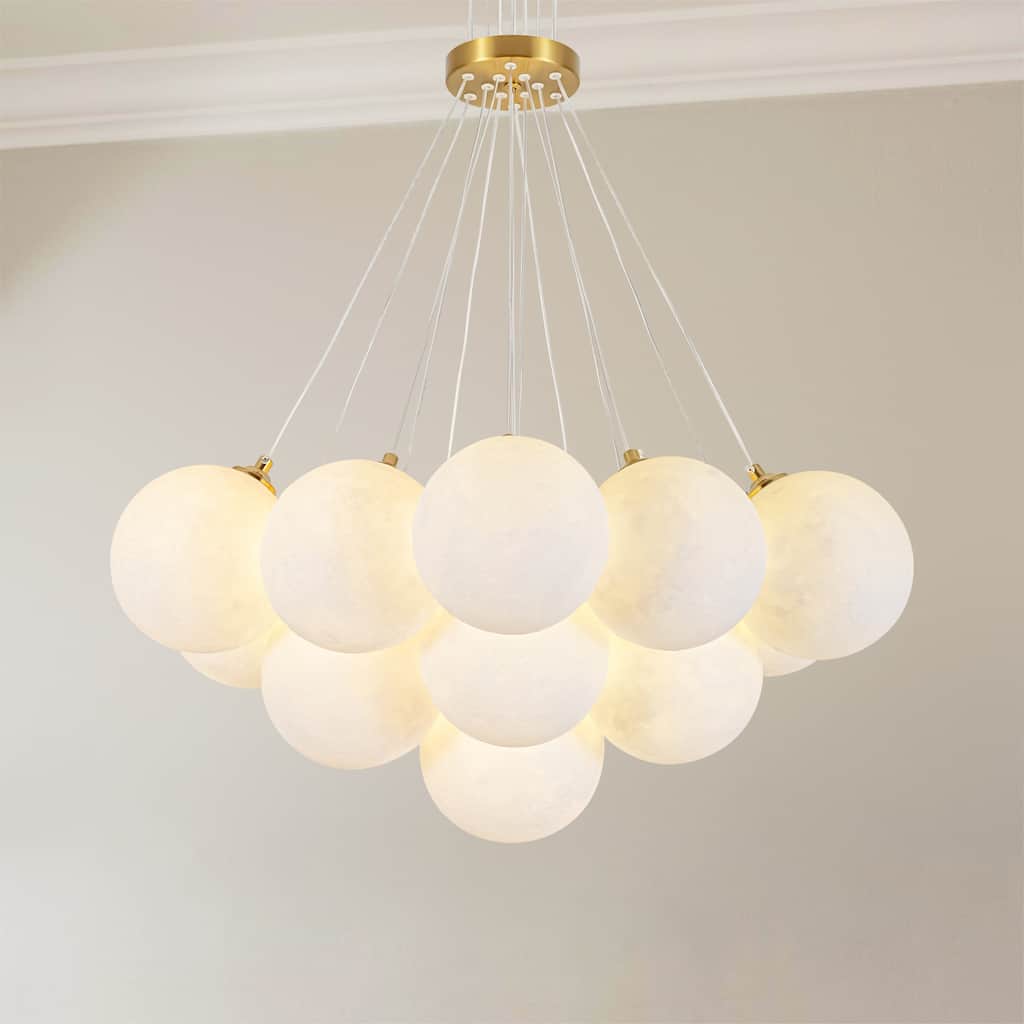 13-Light Modern Cluster Bubble Glass-Like 3D Printed Moon-Shade Gold Metal Chandelier for Living Room