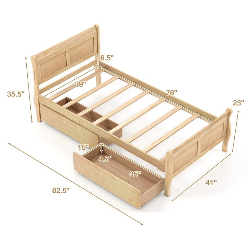 Twin Size Wooden Sleigh Platform Bed with 2 Under-Bed Drawers Included Headboard and Footboard