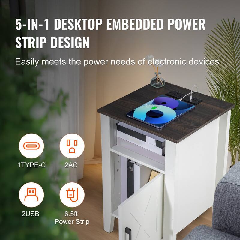 White Wood Farmhouse End Table Set od 2 with Sliding Doors and Charging Station - 24.06” L x 15.98” W x 15.98” H