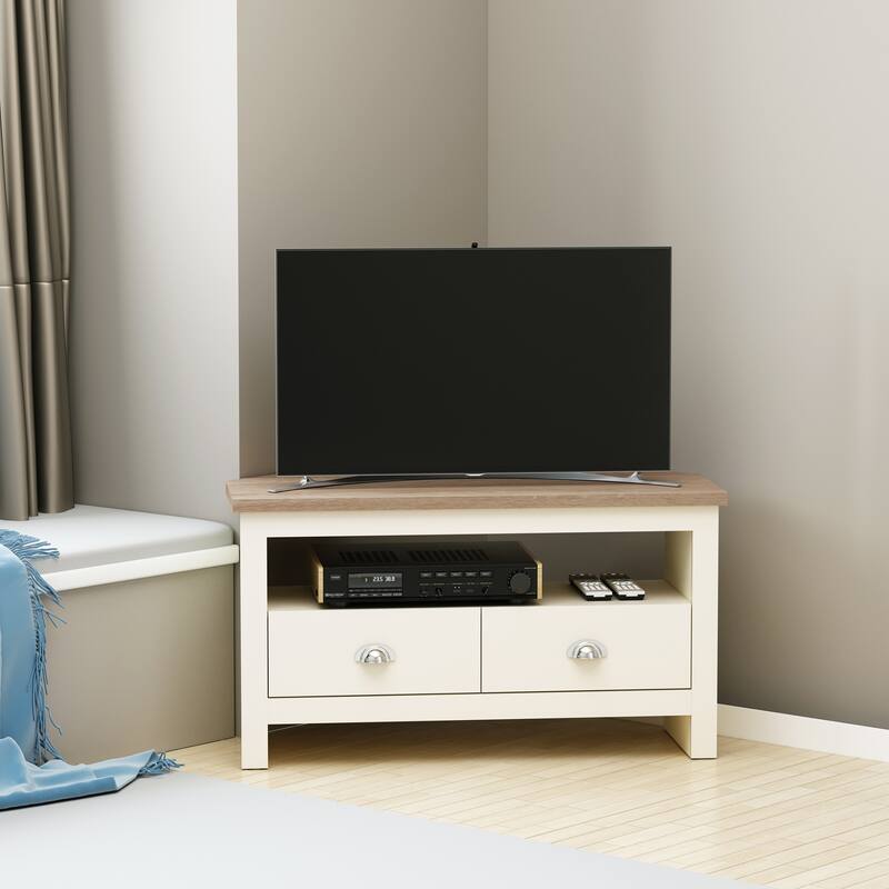Corner TV Stand Up To 50", Entertainment Center TV Console Table with Drawers and Open Storage Compartment