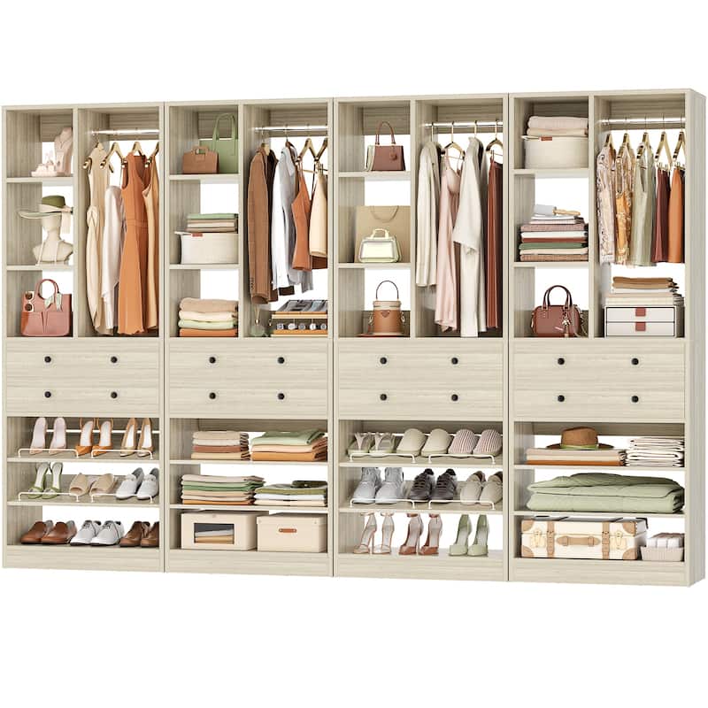 27.7'' Closet Organizer with Shoe Racks and Drawers, Closet System with Hanging Rod and Adjustable Shelves - Washed Oak - 4pcs