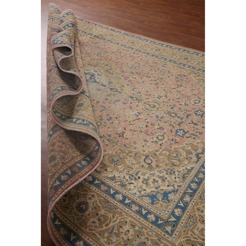 Vegetable Dye Distressed Mashad Persian Rug Antique Handmade Wool Carpet - 7'10" x 10'9"