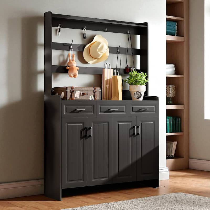 51.2" Hallway Shoe Cabinet with Coat Rack, 4 Doors, 3 Drawers, 8 Shelves & Metal Hooks
