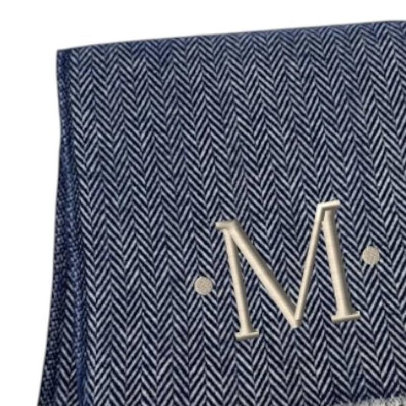 HomeRoots 55" X 70" Navy Blue And White Herringbone Cotton Blend M Initial Throw Blanket with Tassels And Embroidery