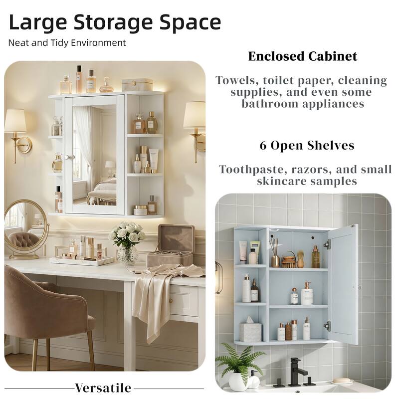 Bathroom Wall Storage Cabinet with Mirror, with Adjustable Wood Shelf & Doors, Mounted Storage Cabinets with 6 Open Shelves