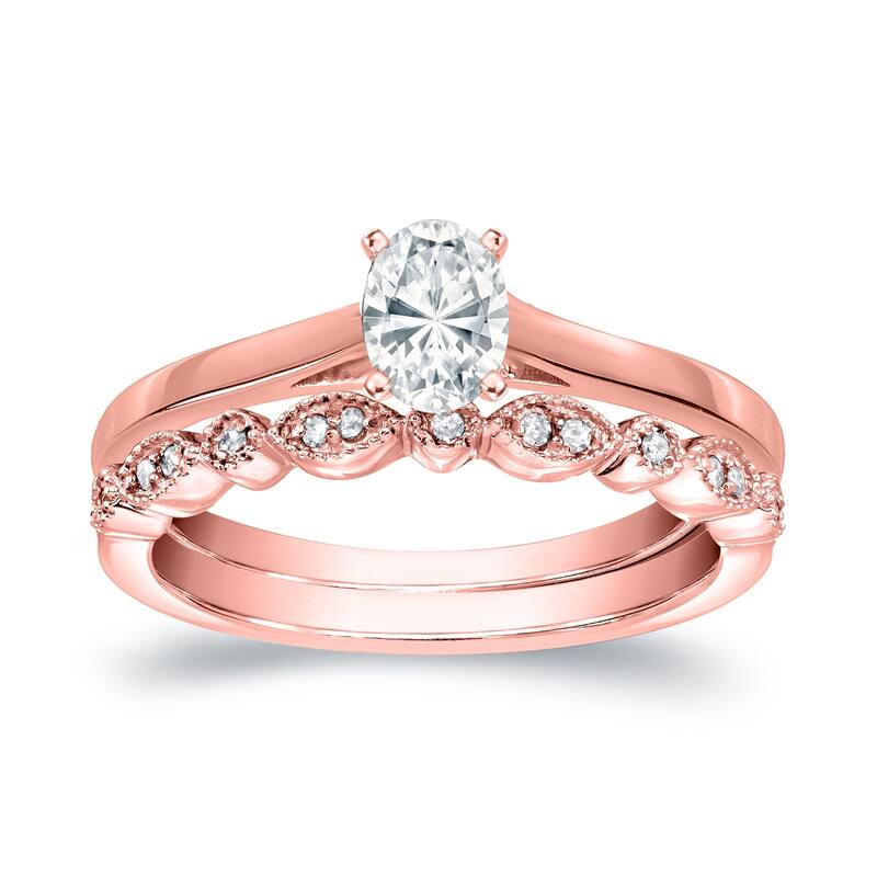 Auriya 14k Gold 1/2ctw Vintage Oval-cut Solitaire Diamond Engagement Ring Set - Rose - 5.5