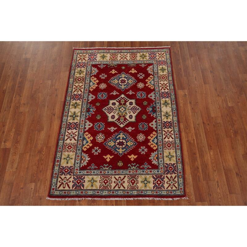 Red Geometric Kazak Accent Rug Handmade Traditional Wool Carpet - 3'5" x 5'0"