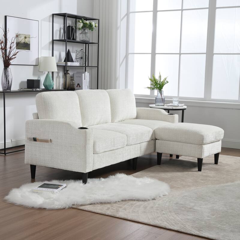 Modular Sectional Sofa with Storage Ottoman, Comfy Chenille Fabric Sofa, 3-Seater Sofa with Side Pockets & 2 Cup Holders