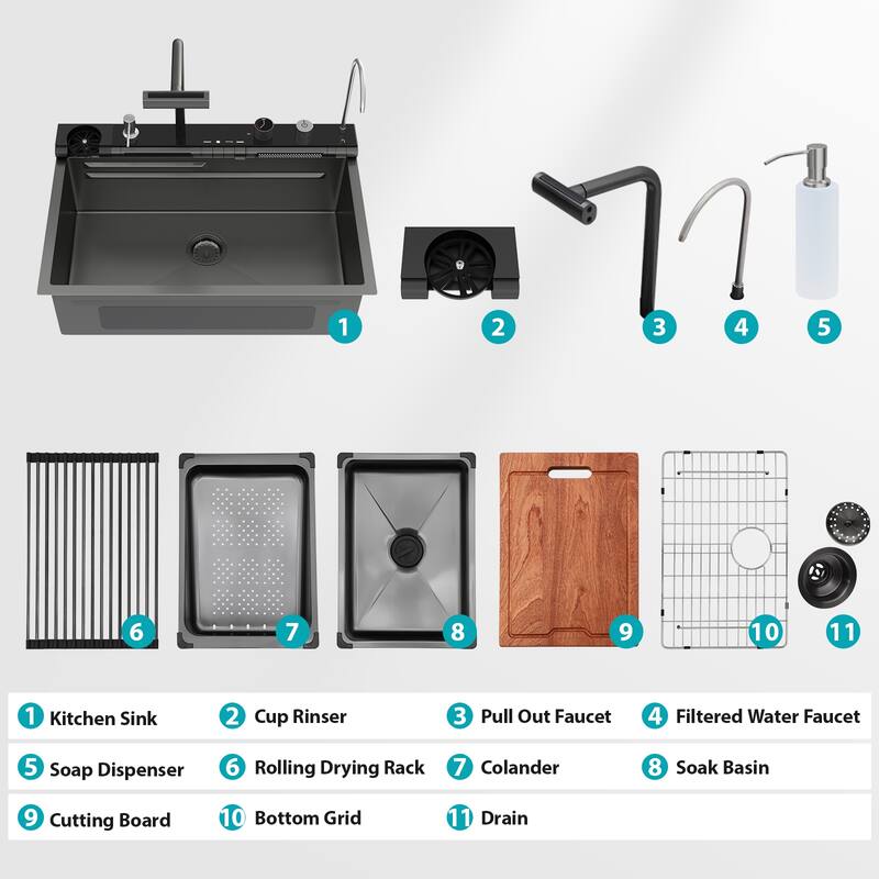 30" Drop-In 16 Gauge Single Bowl Stainless Steel Smart Digital Kitchen Sink with Faucet in Gunmetal Black - 30'' x 19'' x 9''