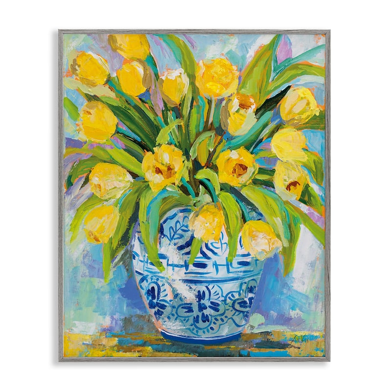 Stupell Expressive Yellow Tulips in Ornate Blue Vase Painting Framed Wall Art