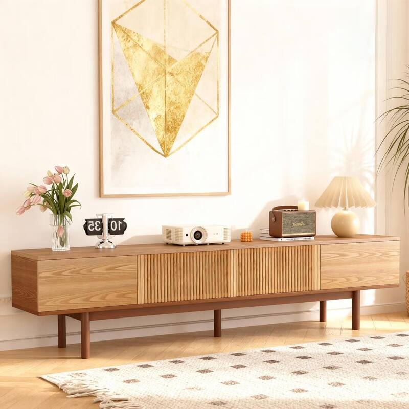 86.6" Solid Wood TV Stand with Slatted Door Design, Media Console for 90" TVs, - 86.6"Wx15.7"Dx20.8"H - 86.6"Wx15.7"Dx20.8"H - Brown