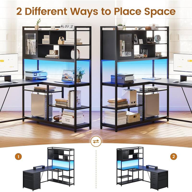 L Shaped Computer Desk 58'' Office Desk with 3 Drawers and Bookshelf