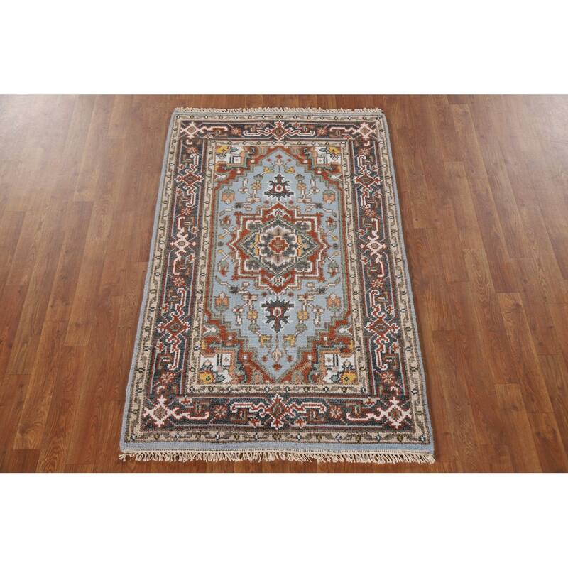 Light Blue Geometric Heriz Indian Area Rug Handmade Wool Carpet - 3'2"x 4'11"