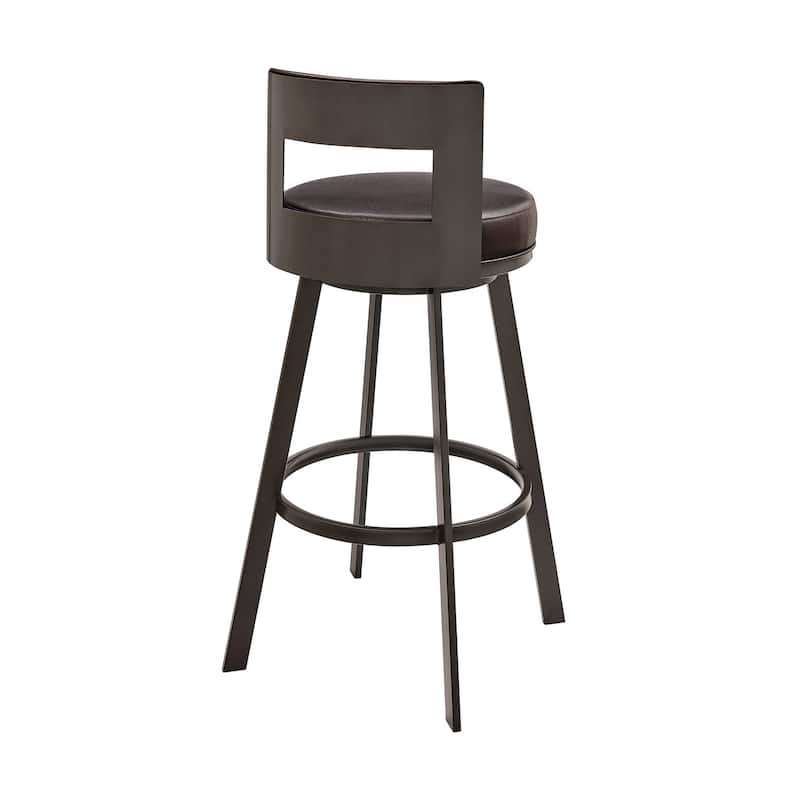 Ami 30 Inch Swivel Barstool Chair, Curved Open Back Brown Faux Leather