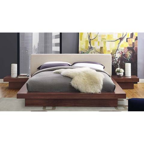 Halper Modern Queen Size Walnut Wooden Bed with Beige Fabric Upholstered Headboard and Two Nightstands