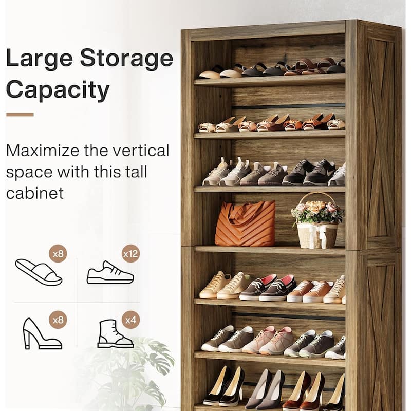 71 Inches Brown Wood Shoe Cabinet with Adjustable Shelves, 8-Tier Tall Shoe Storage Organizer for 32-36 Pairs of Shoes