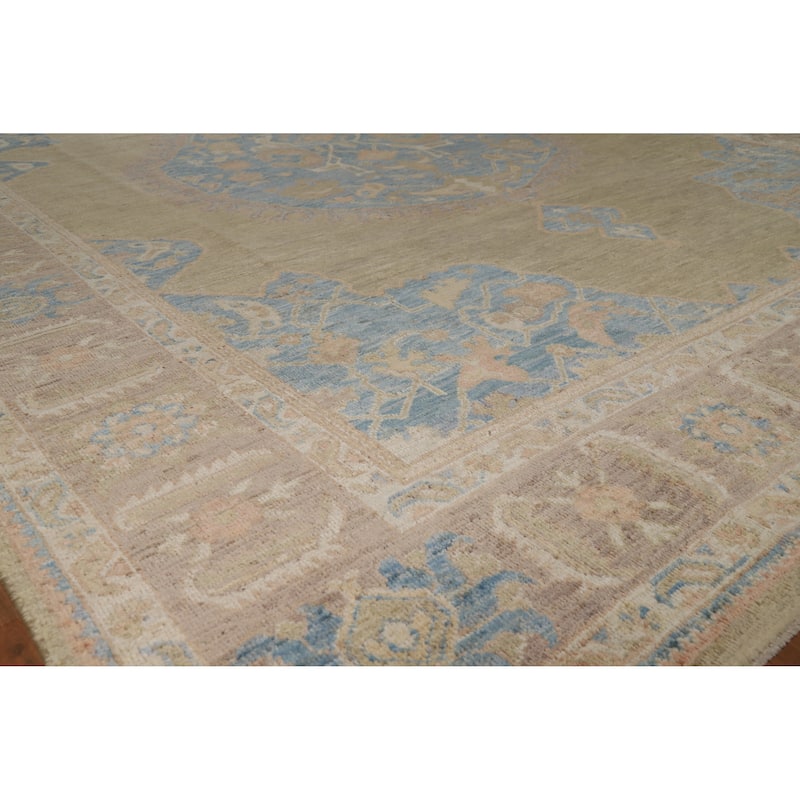 Hand Knotted Oriental 100% Wool Carpet Transitional Medallion Yellow & Gold Oushak Area Rug - 12' 1'' X 8' 10''