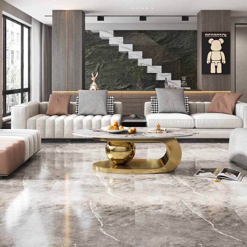 51 Inches Oval Faux Marble Coffee Table for Living Room with Stainless Steel Base