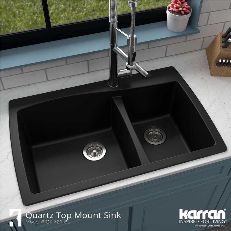 Karran Drop-In Quartz 34 in. Double Bowl 60/40 Kitchen Sink With Bottom Grids and Strainers
