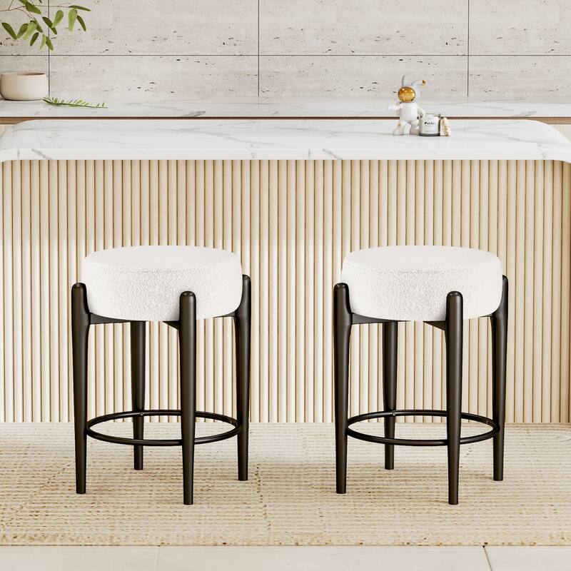 Mid-Century Modern Chair Set of 2 - 23.6" Backless Kitchen Stools with Boucle Upholstery & Sturdy Metal Base