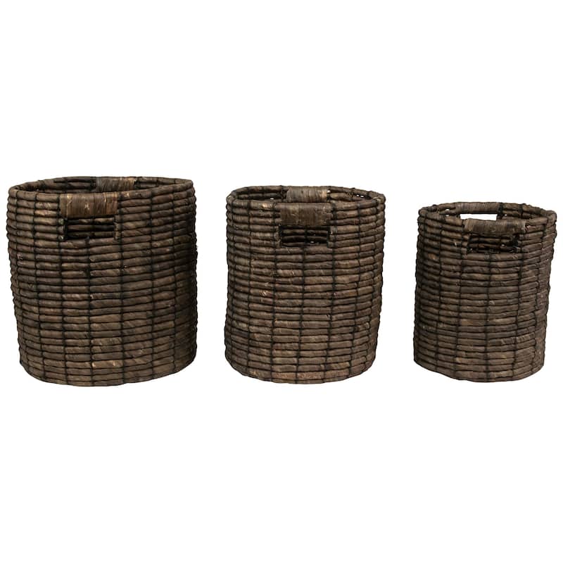 3 Dark Brown Natural Woven Table Floor Cylindrical Seagrass Baskets