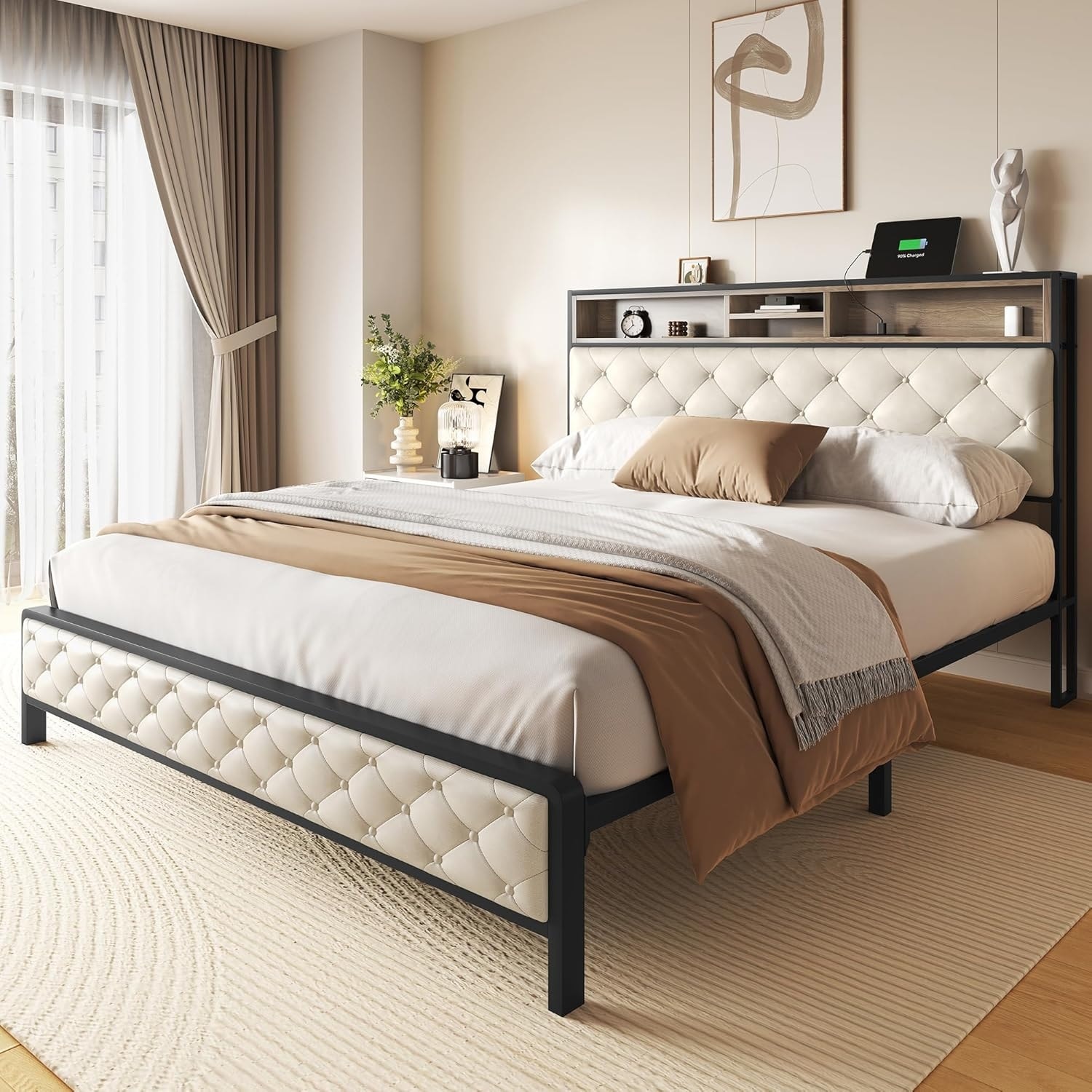 Queen Size Bed Frame, Upholstered Storage Headboard & Footboard Metal Slats Supports Mattress Foundation
