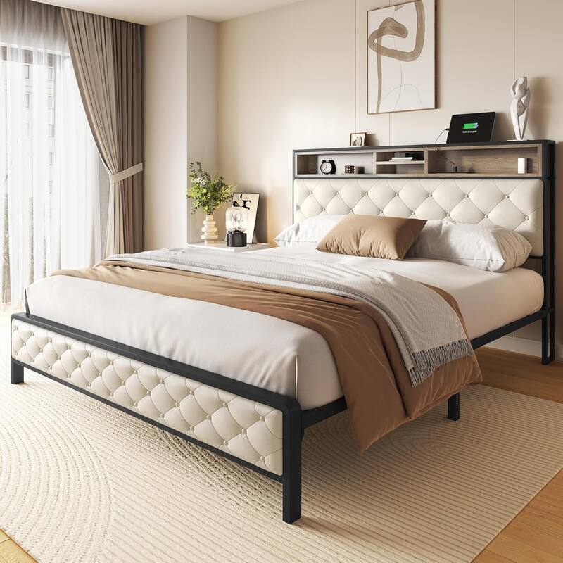Queen Size Platform Bed Frame with Charging Station, Upholstered Storage Headboard & Footboard, No Box Spring Needed, Beige - Beige