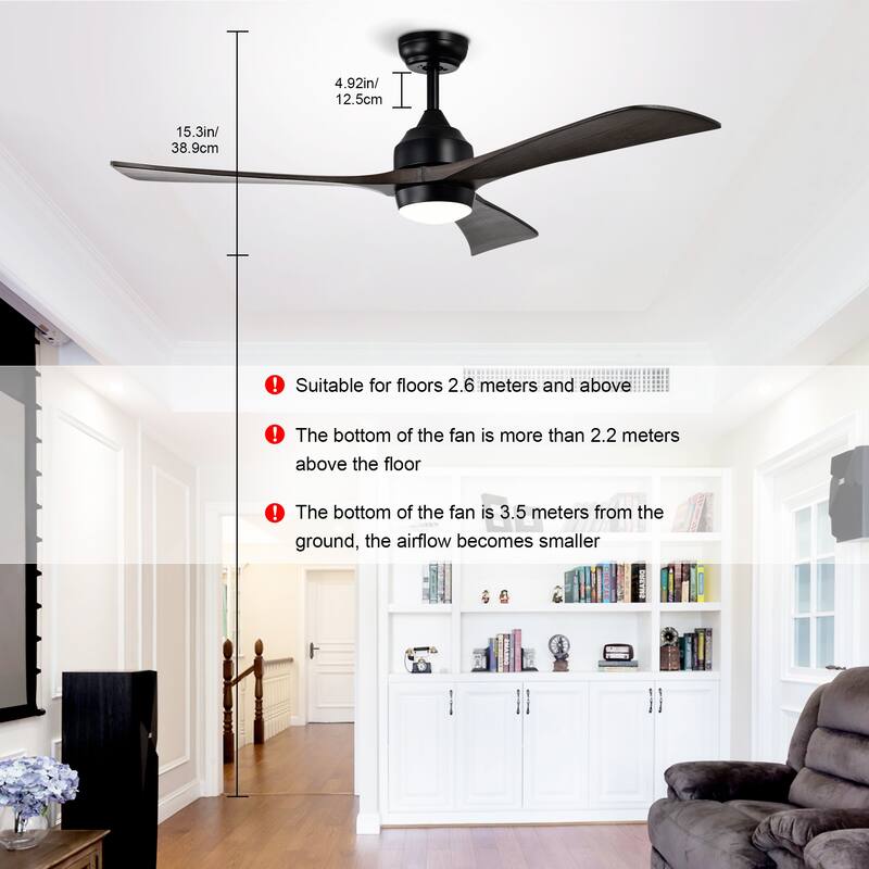 Sofucor 52 Inch Quiet Ceiling Fan with 3 Solid Wood Blades,Light & Remote,Reversible Ceiling Fan,for Patio Living Room,Bedroom