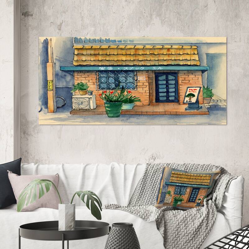 Designart "Small Asian Cafe Under A Tiled Roof" Industrial Canvas Wall Art Print - 60 in. wide x 28 in. high