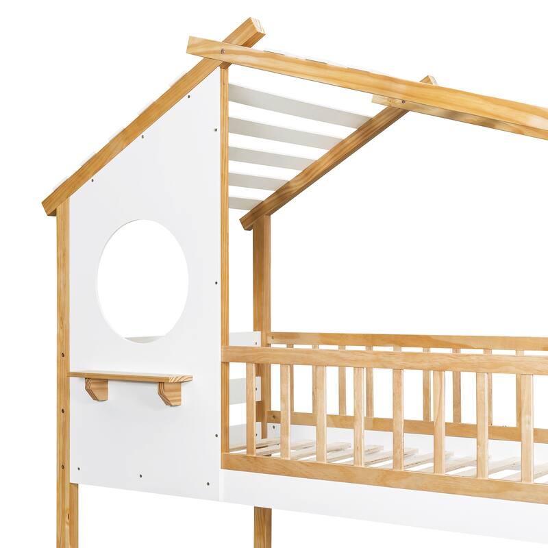 Twin Size House Bunk Bed with Ladder, Wooden Kids Playhouse Bunk Bed Frame with Roof and Window, Solid Pine Floor Bunk Bed Frame