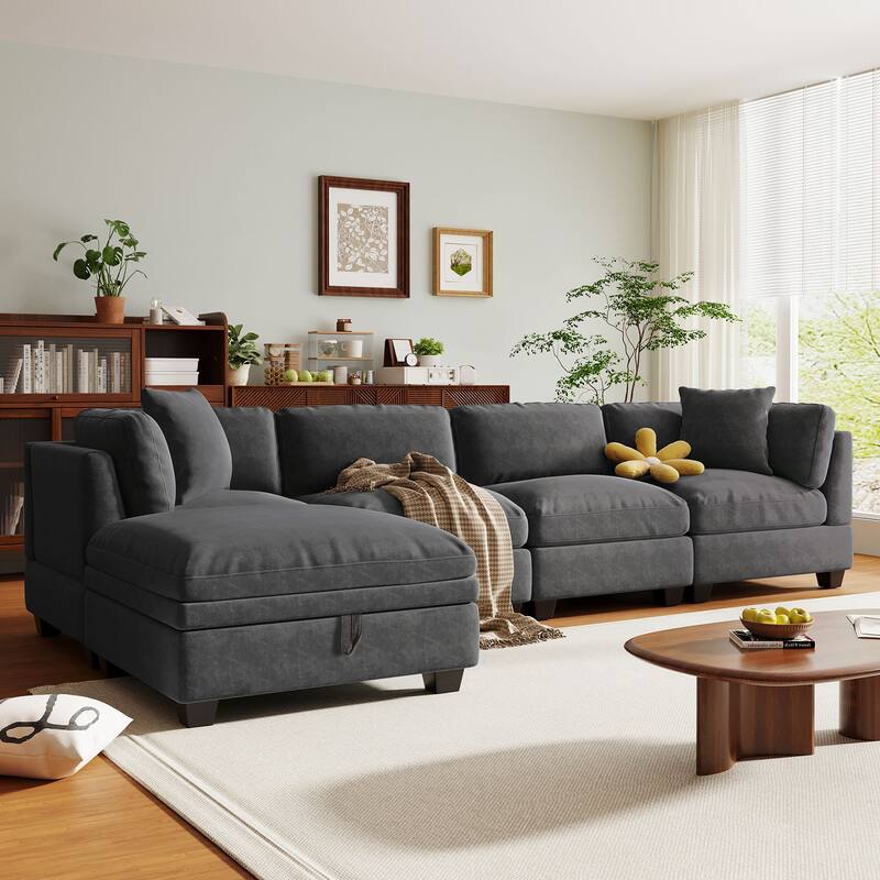 Modular L Shaped Sofa 127.6" Upholstered Sectional Couch with Removable Storage Ottoman 2 Hidden Cup Holders